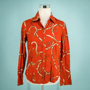 Talbots Size 6 Red Horse Bit Bridle Equestrian Print Button Long Sleeve TOp